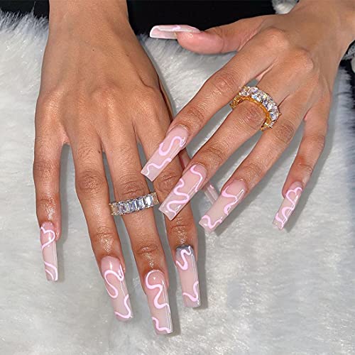 Extra Long Pink False Nails 24PCS Glossy Ballerina Fake Nails Full Cover Coffin Nails with Simple Waves Design for Women Girls Party Salon